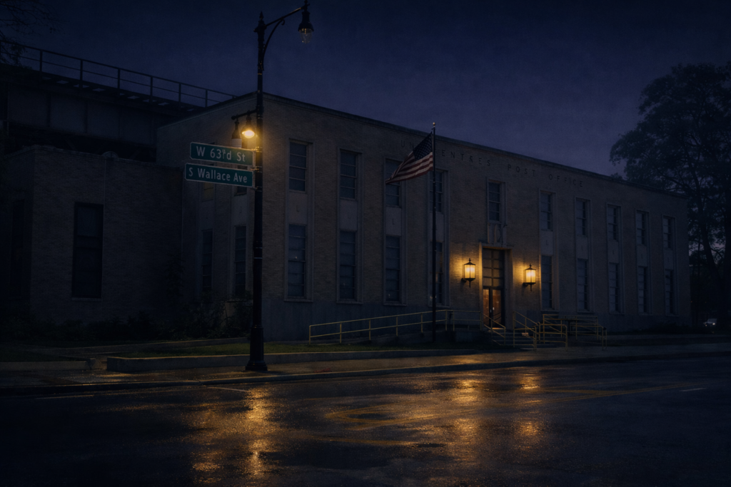 "The Englewood branch of the US Post Office at 63rd and Wallace Streets, Chicago — built on the site of H.H. Holmes' Murder Castle, where paranormal activity has been reported in the basement"