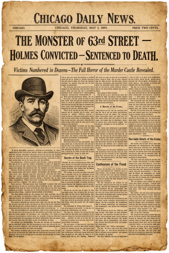  "1895 newspaper front page announcing the conviction and death sentence of H.H. Holmes, America's first documented serial killer"