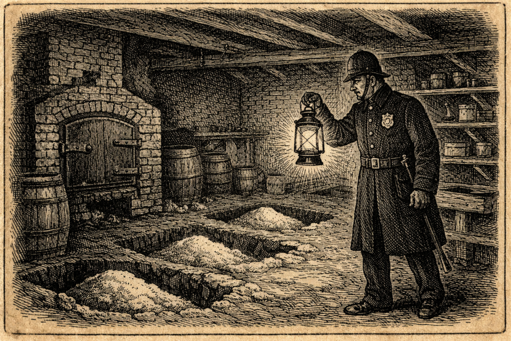 "Illustration of the basement of Holmes' Murder Castle as discovered by Chicago police investigators in 1895, showing the crematorium furnace and quicklime pits"
